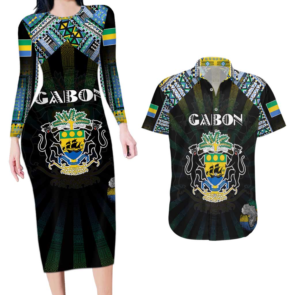 Personalized Gabon Roots Couples Matching Long Sleeve Bodycon Dress and Hawaiian Shirt African Map in Fingerprint and Tribal Colors