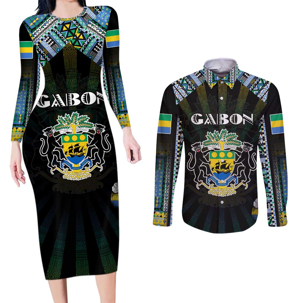 Personalized Gabon Roots Couples Matching Long Sleeve Bodycon Dress and Long Sleeve Button Shirt African Map in Fingerprint and Tribal Colors
