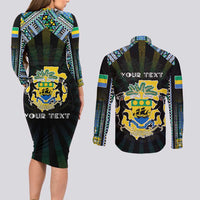 Personalized Gabon Roots Couples Matching Long Sleeve Bodycon Dress and Long Sleeve Button Shirt African Map in Fingerprint and Tribal Colors