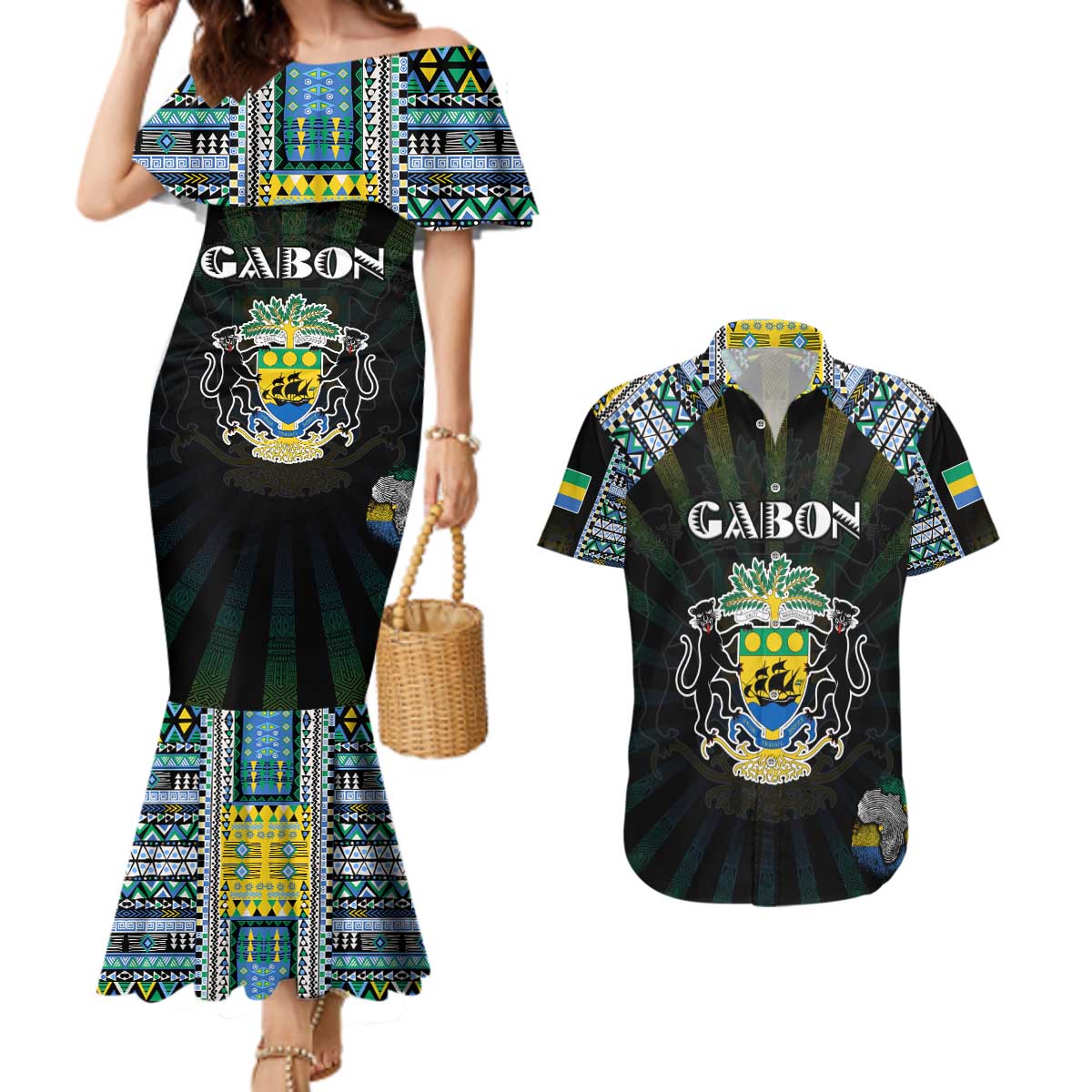 Personalized Gabon Roots Couples Matching Mermaid Dress and Hawaiian Shirt African Map in Fingerprint and Tribal Colors