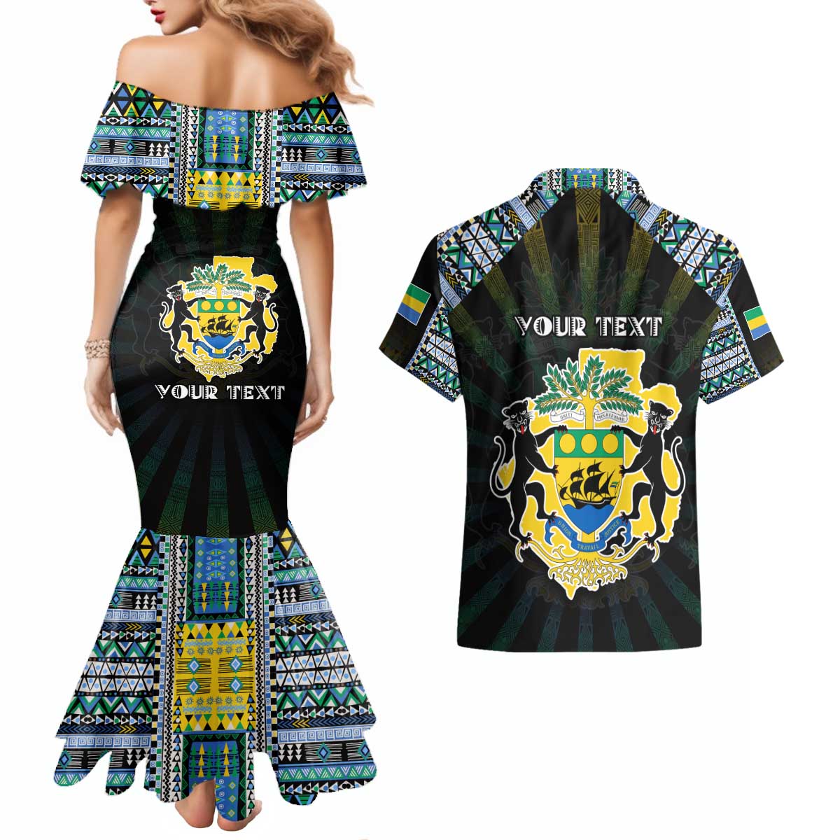 Personalized Gabon Roots Couples Matching Mermaid Dress and Hawaiian Shirt African Map in Fingerprint and Tribal Colors