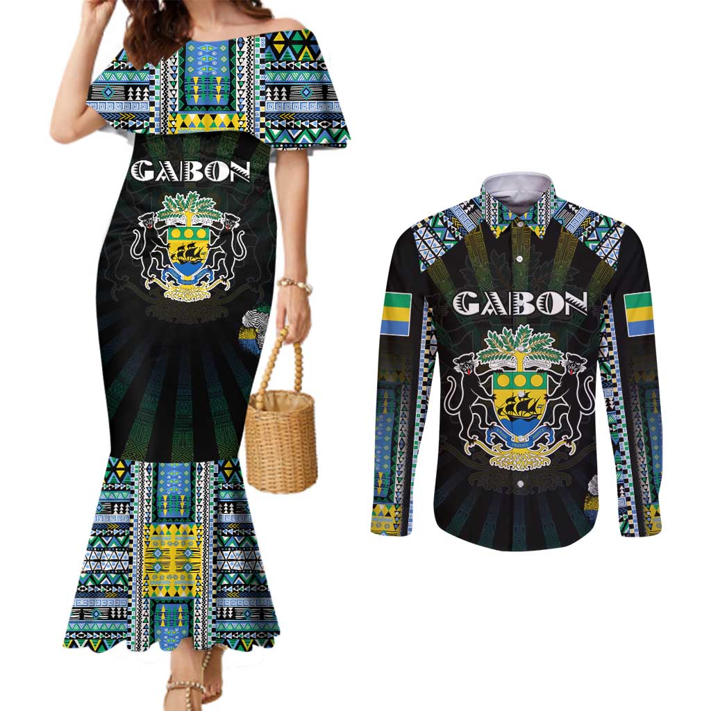 Personalized Gabon Roots Couples Matching Mermaid Dress and Long Sleeve Button Shirt African Map in Fingerprint and Tribal Colors
