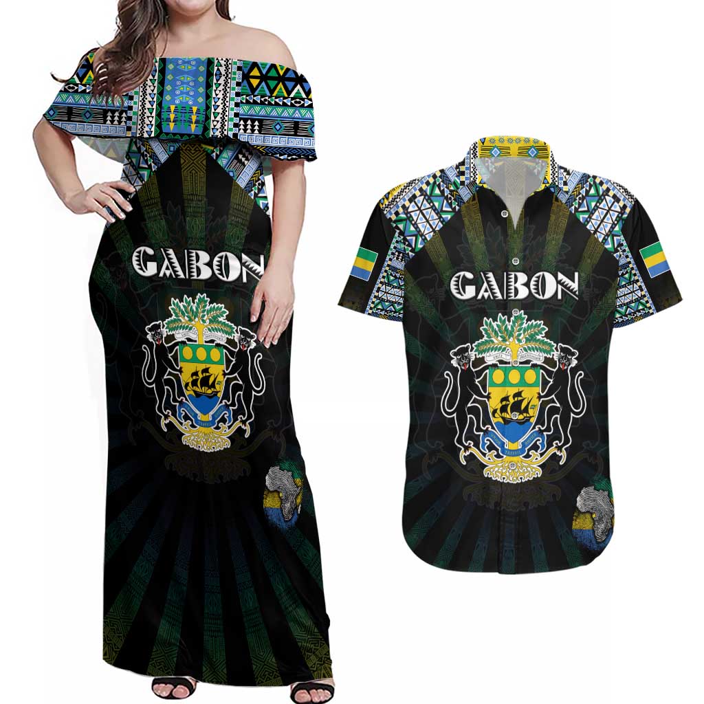 Personalized Gabon Roots Couples Matching Off Shoulder Maxi Dress and Hawaiian Shirt African Map in Fingerprint and Tribal Colors