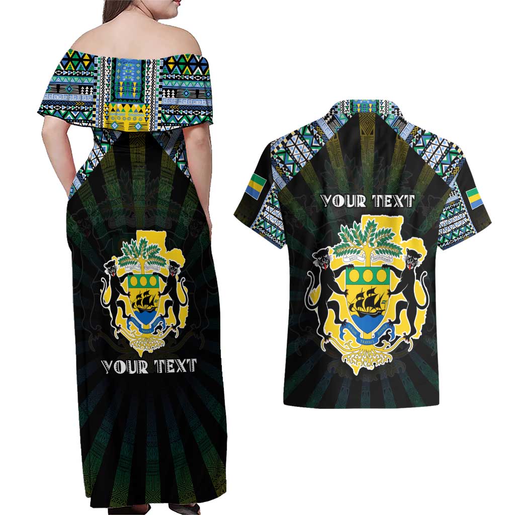 Personalized Gabon Roots Couples Matching Off Shoulder Maxi Dress and Hawaiian Shirt African Map in Fingerprint and Tribal Colors