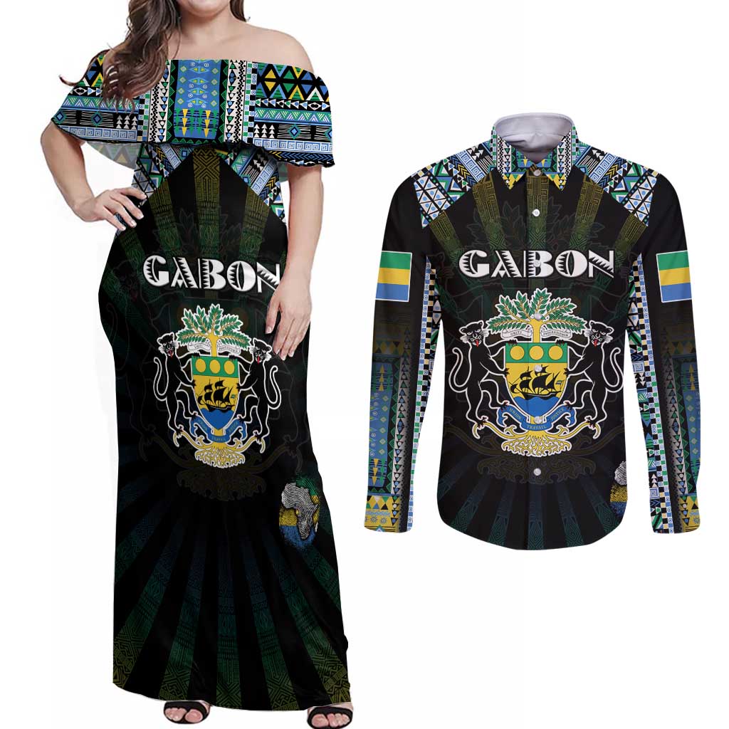 Personalized Gabon Roots Couples Matching Off Shoulder Maxi Dress and Long Sleeve Button Shirt African Map in Fingerprint and Tribal Colors