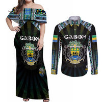 Personalized Gabon Roots Couples Matching Off Shoulder Maxi Dress and Long Sleeve Button Shirt African Map in Fingerprint and Tribal Colors