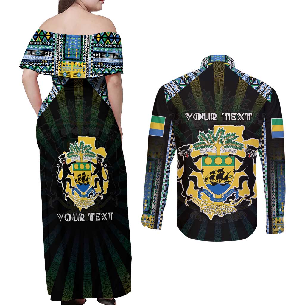 Personalized Gabon Roots Couples Matching Off Shoulder Maxi Dress and Long Sleeve Button Shirt African Map in Fingerprint and Tribal Colors