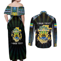 Personalized Gabon Roots Couples Matching Off Shoulder Maxi Dress and Long Sleeve Button Shirt African Map in Fingerprint and Tribal Colors