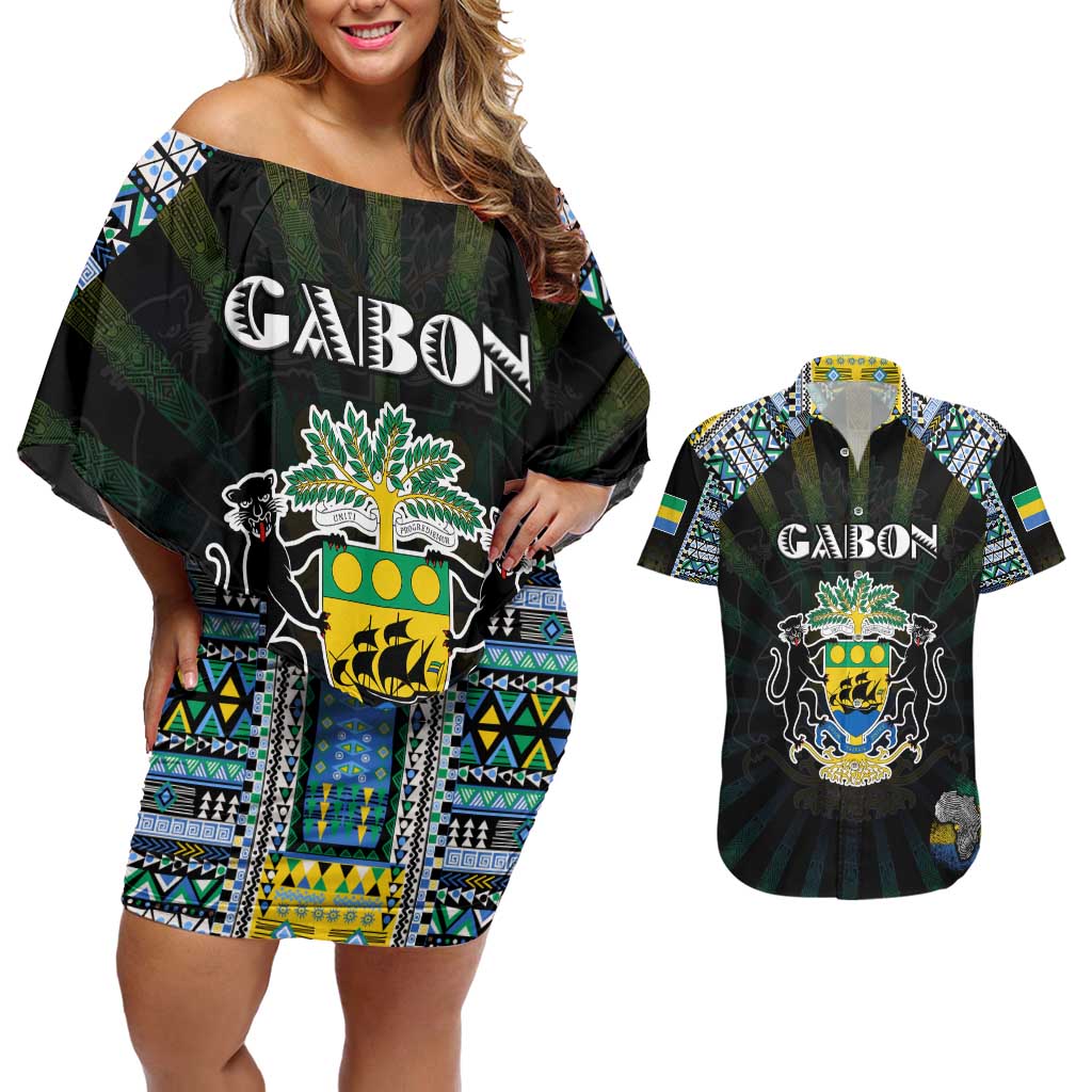 Personalized Gabon Roots Couples Matching Off Shoulder Short Dress and Hawaiian Shirt African Map in Fingerprint and Tribal Colors