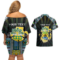 Personalized Gabon Roots Couples Matching Off Shoulder Short Dress and Hawaiian Shirt African Map in Fingerprint and Tribal Colors