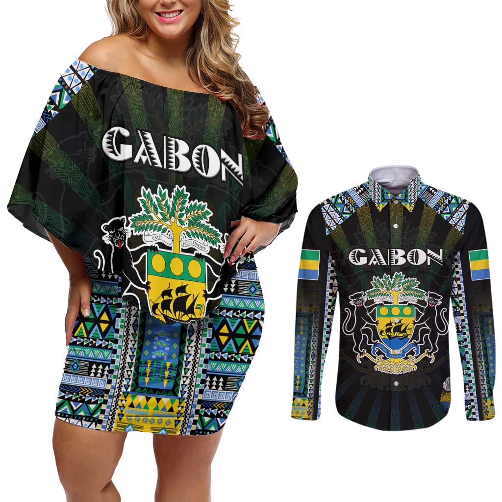 Personalized Gabon Roots Couples Matching Off Shoulder Short Dress and Long Sleeve Button Shirt African Map in Fingerprint and Tribal Colors