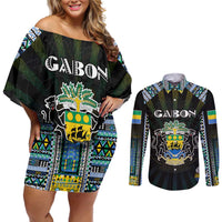 Personalized Gabon Roots Couples Matching Off Shoulder Short Dress and Long Sleeve Button Shirt African Map in Fingerprint and Tribal Colors