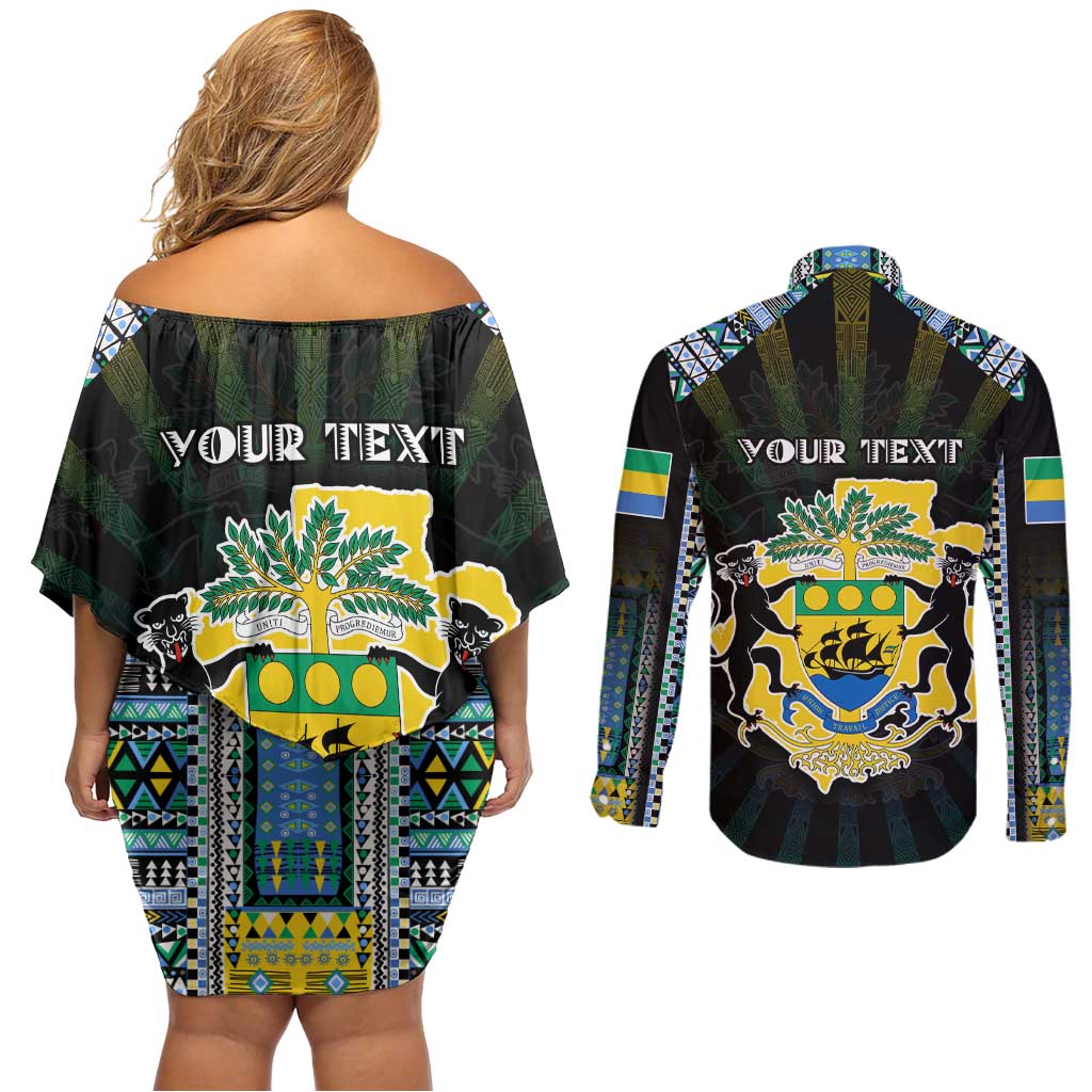 Personalized Gabon Roots Couples Matching Off Shoulder Short Dress and Long Sleeve Button Shirt African Map in Fingerprint and Tribal Colors