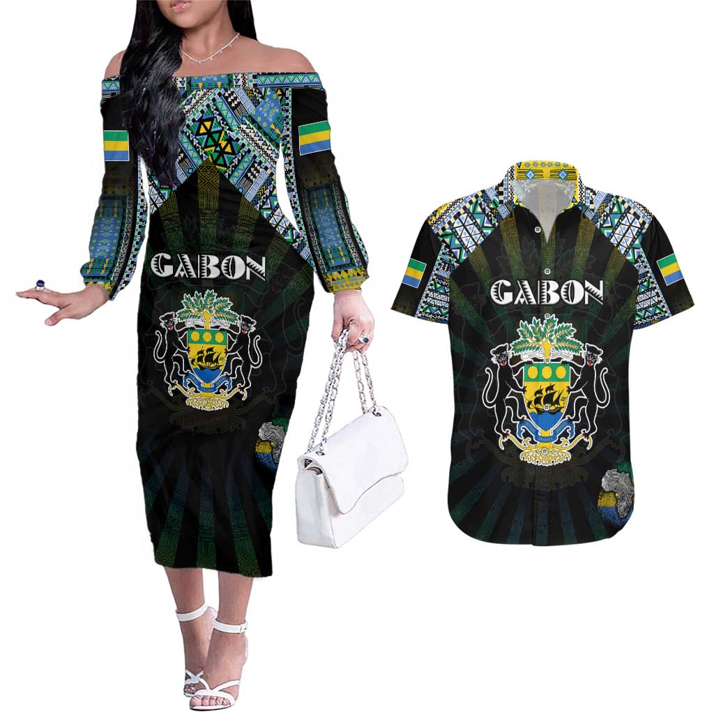 Personalized Gabon Roots Couples Matching Off The Shoulder Long Sleeve Dress and Hawaiian Shirt African Map in Fingerprint and Tribal Colors