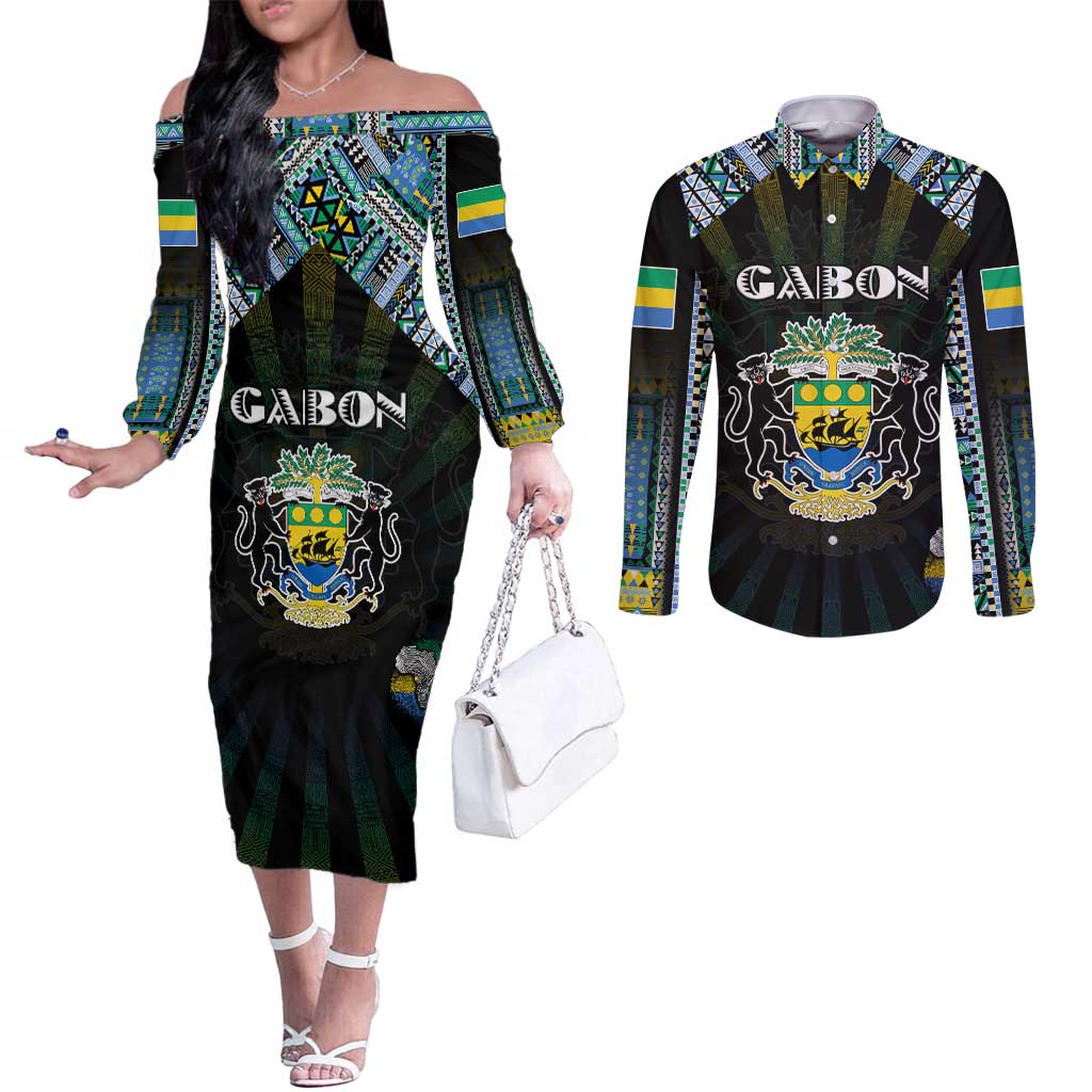Personalized Gabon Roots Couples Matching Off The Shoulder Long Sleeve Dress and Long Sleeve Button Shirt African Map in Fingerprint and Tribal Colors