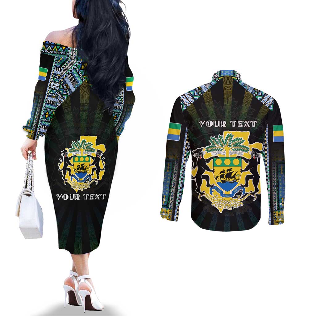 Personalized Gabon Roots Couples Matching Off The Shoulder Long Sleeve Dress and Long Sleeve Button Shirt African Map in Fingerprint and Tribal Colors