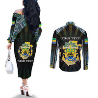 Personalized Gabon Roots Couples Matching Off The Shoulder Long Sleeve Dress and Long Sleeve Button Shirt African Map in Fingerprint and Tribal Colors