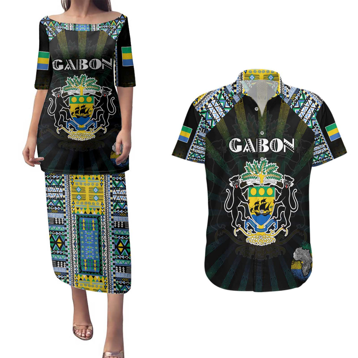 Personalized Gabon Roots Couples Matching Puletasi and Hawaiian Shirt African Map in Fingerprint and Tribal Colors