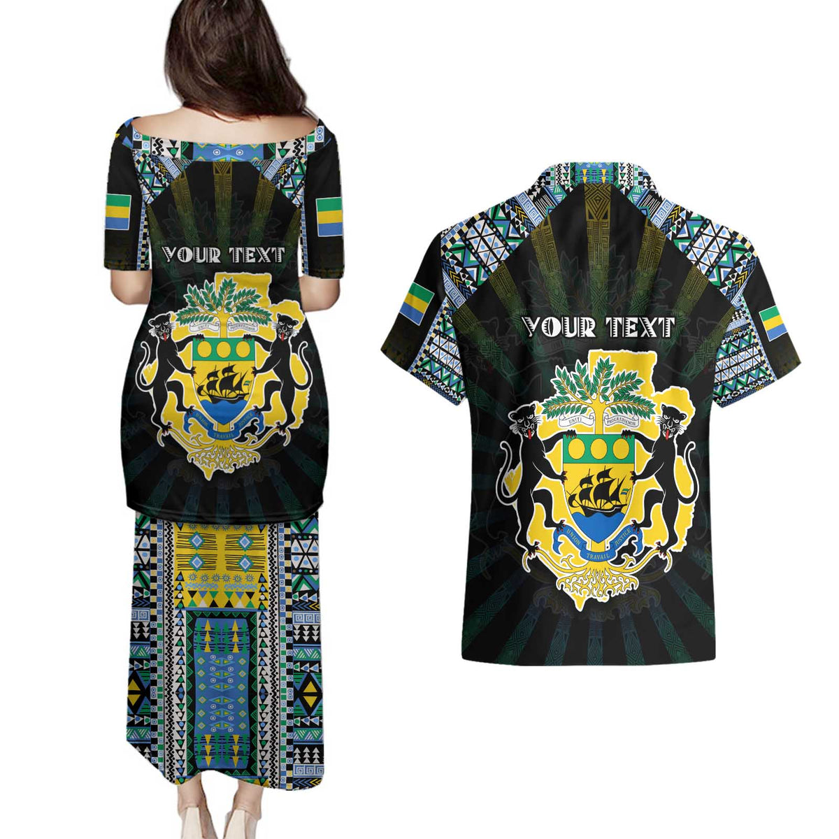 Personalized Gabon Roots Couples Matching Puletasi and Hawaiian Shirt African Map in Fingerprint and Tribal Colors