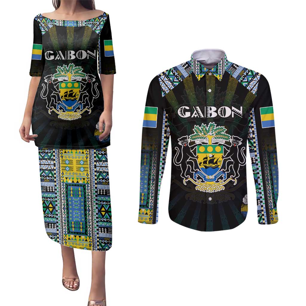 Personalized Gabon Roots Couples Matching Puletasi and Long Sleeve Button Shirt African Map in Fingerprint and Tribal Colors