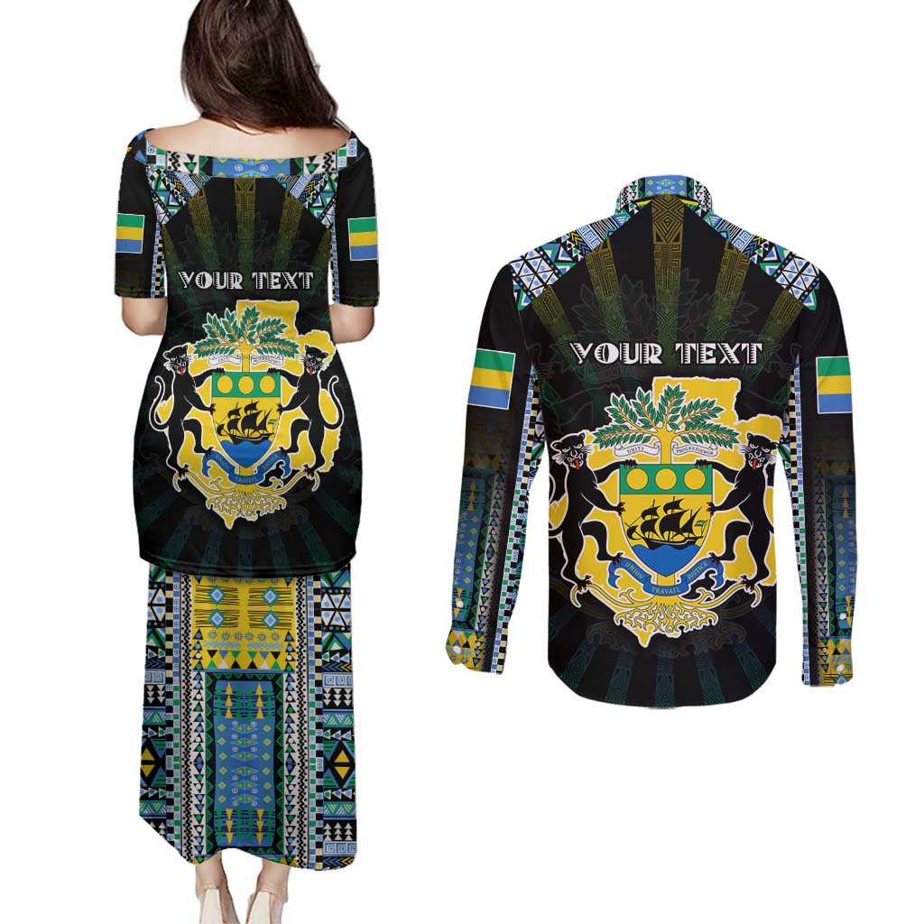 Personalized Gabon Roots Couples Matching Puletasi and Long Sleeve Button Shirt African Map in Fingerprint and Tribal Colors