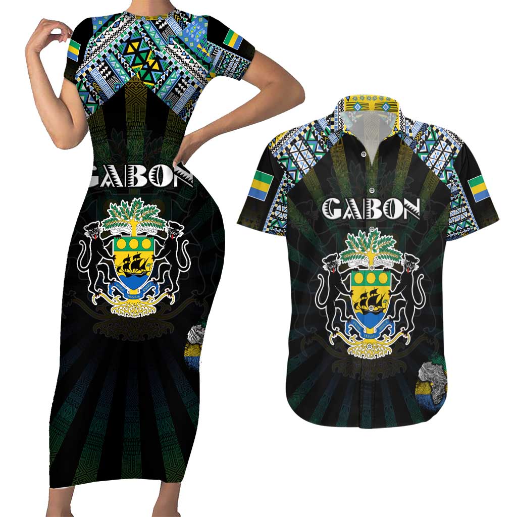 Personalized Gabon Roots Couples Matching Short Sleeve Bodycon Dress and Hawaiian Shirt African Map in Fingerprint and Tribal Colors