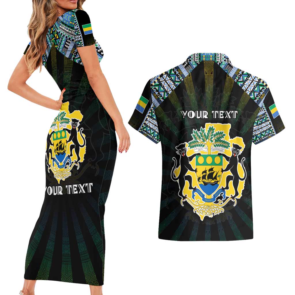 Personalized Gabon Roots Couples Matching Short Sleeve Bodycon Dress and Hawaiian Shirt African Map in Fingerprint and Tribal Colors