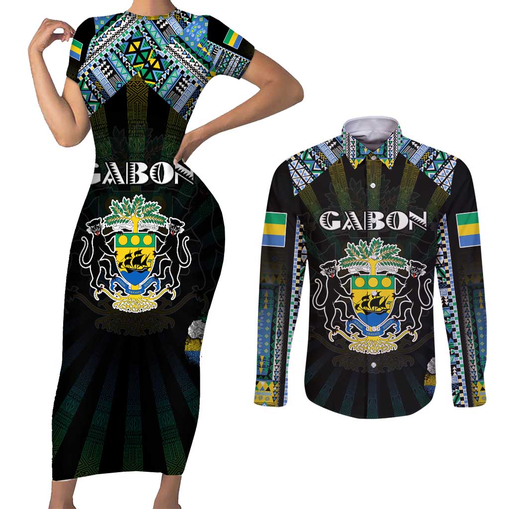 Personalized Gabon Roots Couples Matching Short Sleeve Bodycon Dress and Long Sleeve Button Shirt African Map in Fingerprint and Tribal Colors