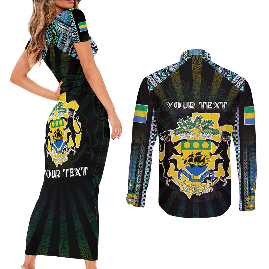 Personalized Gabon Roots Couples Matching Short Sleeve Bodycon Dress and Long Sleeve Button Shirt African Map in Fingerprint and Tribal Colors