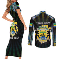 Personalized Gabon Roots Couples Matching Short Sleeve Bodycon Dress and Long Sleeve Button Shirt African Map in Fingerprint and Tribal Colors