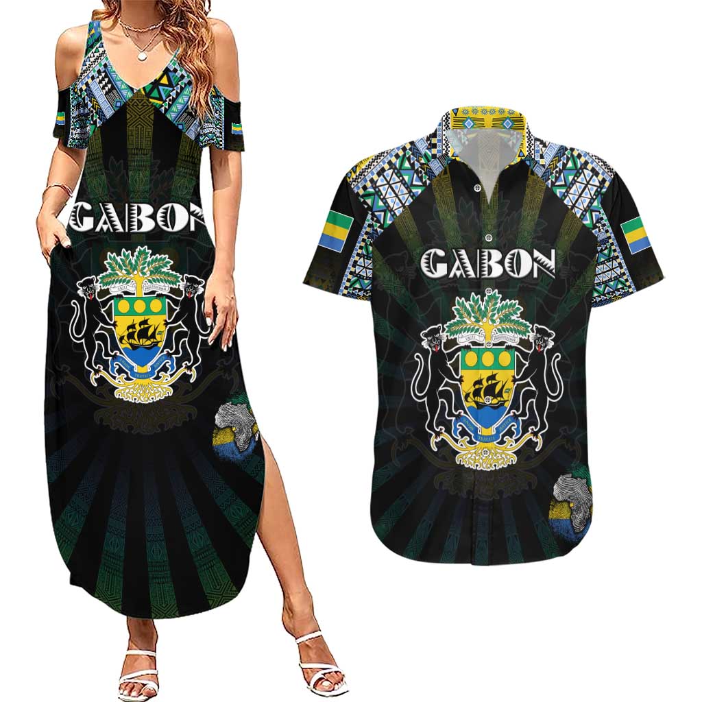 Personalized Gabon Roots Couples Matching Summer Maxi Dress and Hawaiian Shirt African Map in Fingerprint and Tribal Colors