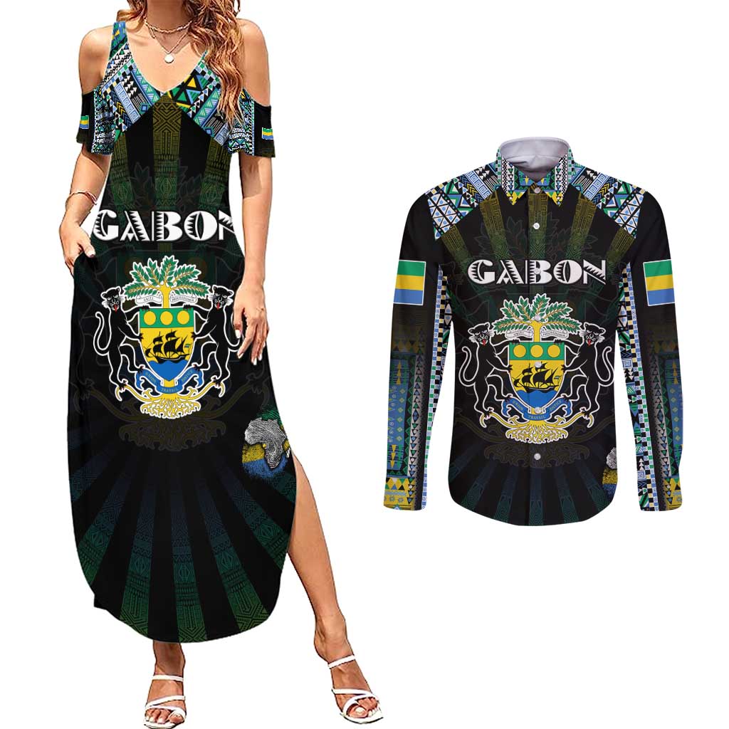 Personalized Gabon Roots Couples Matching Summer Maxi Dress and Long Sleeve Button Shirt African Map in Fingerprint and Tribal Colors