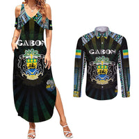 Personalized Gabon Roots Couples Matching Summer Maxi Dress and Long Sleeve Button Shirt African Map in Fingerprint and Tribal Colors