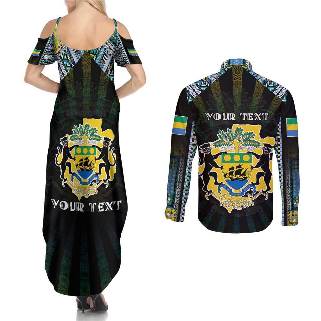 Personalized Gabon Roots Couples Matching Summer Maxi Dress and Long Sleeve Button Shirt African Map in Fingerprint and Tribal Colors
