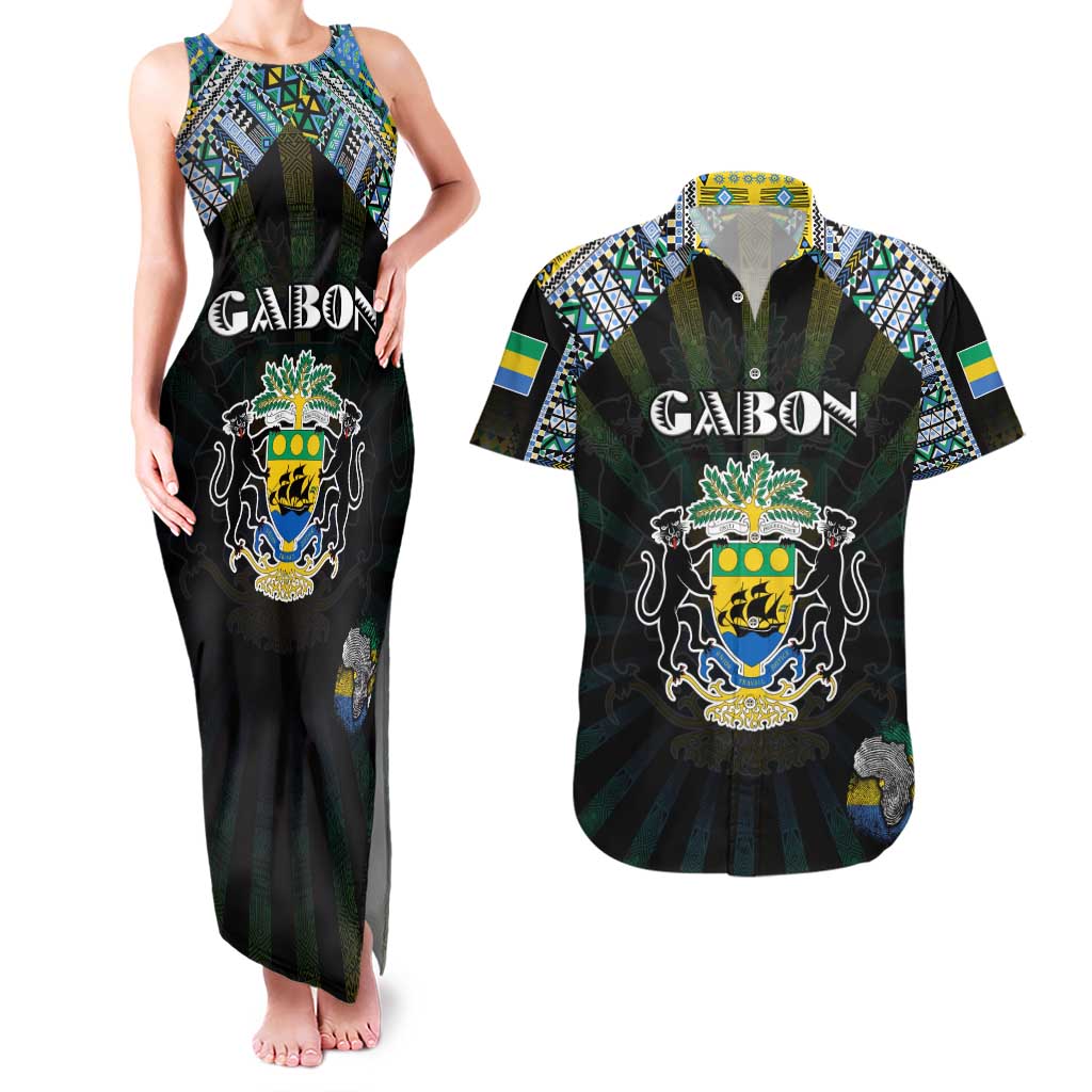 Personalized Gabon Roots Couples Matching Tank Maxi Dress and Hawaiian Shirt African Map in Fingerprint and Tribal Colors