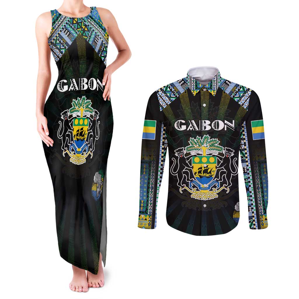Personalized Gabon Roots Couples Matching Tank Maxi Dress and Long Sleeve Button Shirt African Map in Fingerprint and Tribal Colors