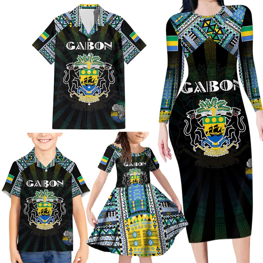 Personalized Gabon Roots Family Matching Long Sleeve Bodycon Dress and Hawaiian Shirt African Map in Fingerprint and Tribal Colors