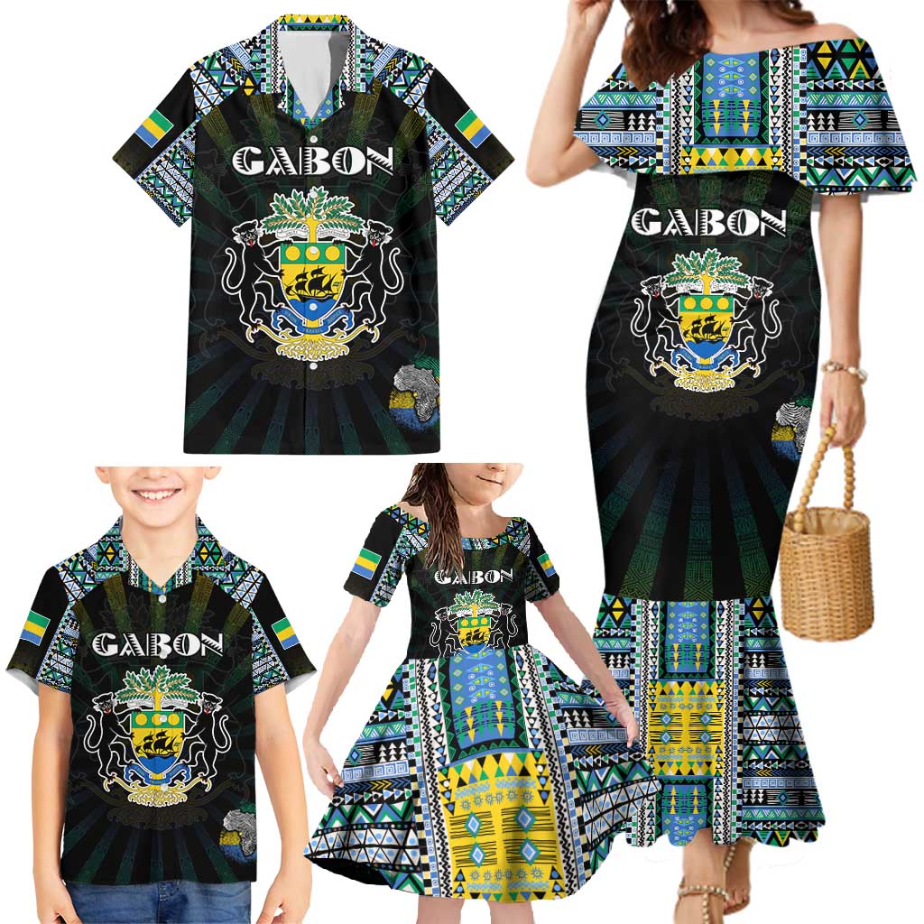 Personalized Gabon Roots Family Matching Mermaid Dress and Hawaiian Shirt African Map in Fingerprint and Tribal Colors