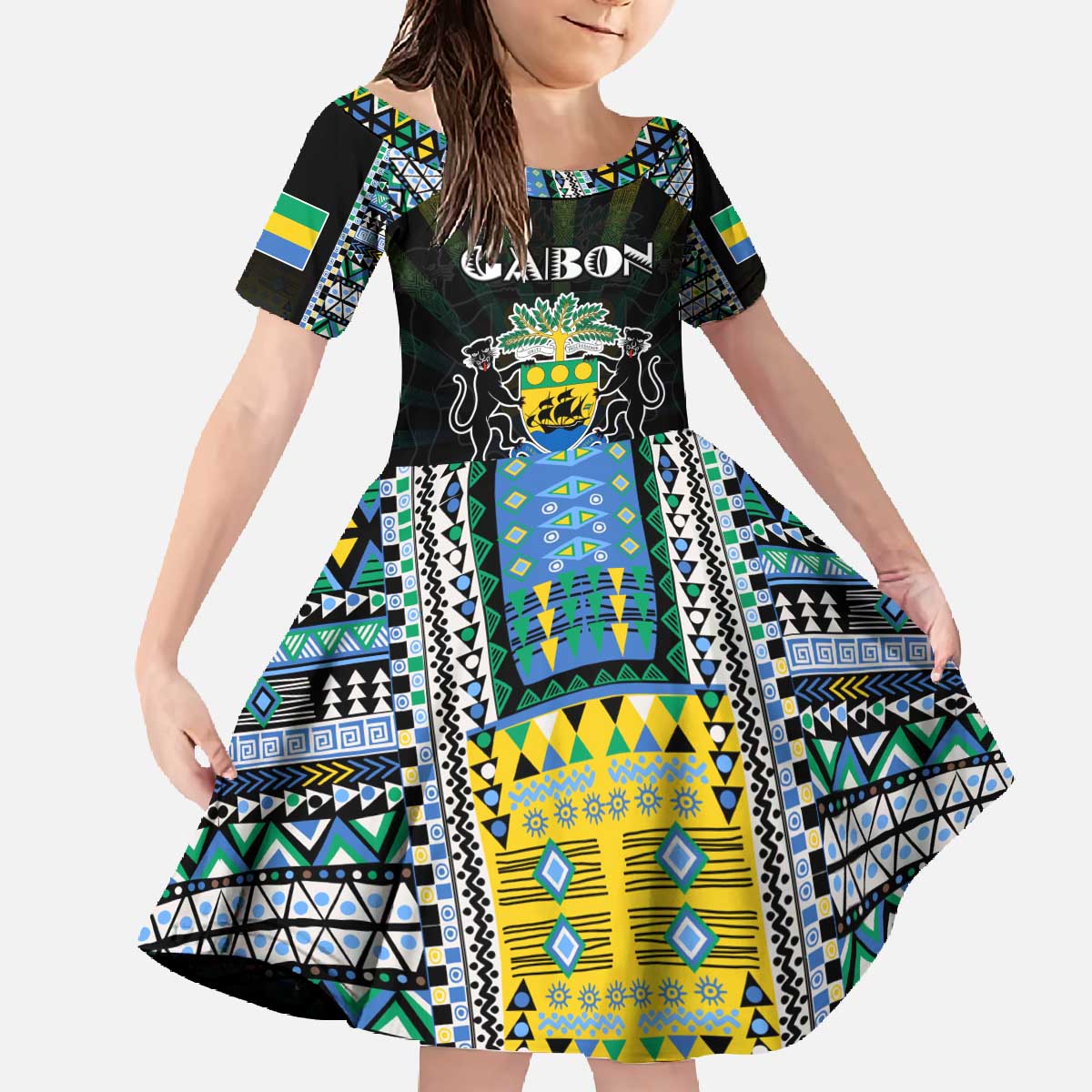 Personalized Gabon Roots Family Matching Off The Shoulder Long Sleeve Dress and Hawaiian Shirt African Map in Fingerprint and Tribal Colors