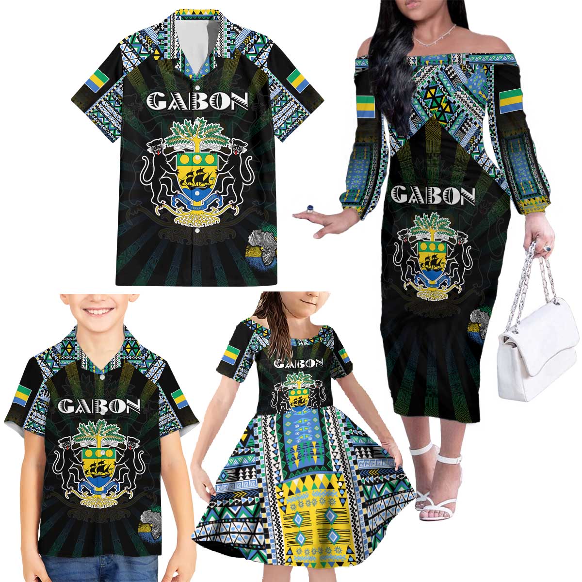 Personalized Gabon Roots Family Matching Off The Shoulder Long Sleeve Dress and Hawaiian Shirt African Map in Fingerprint and Tribal Colors