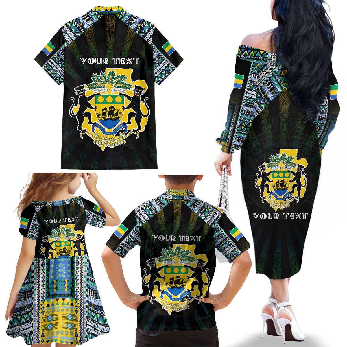 Personalized Gabon Roots Family Matching Off The Shoulder Long Sleeve Dress and Hawaiian Shirt African Map in Fingerprint and Tribal Colors