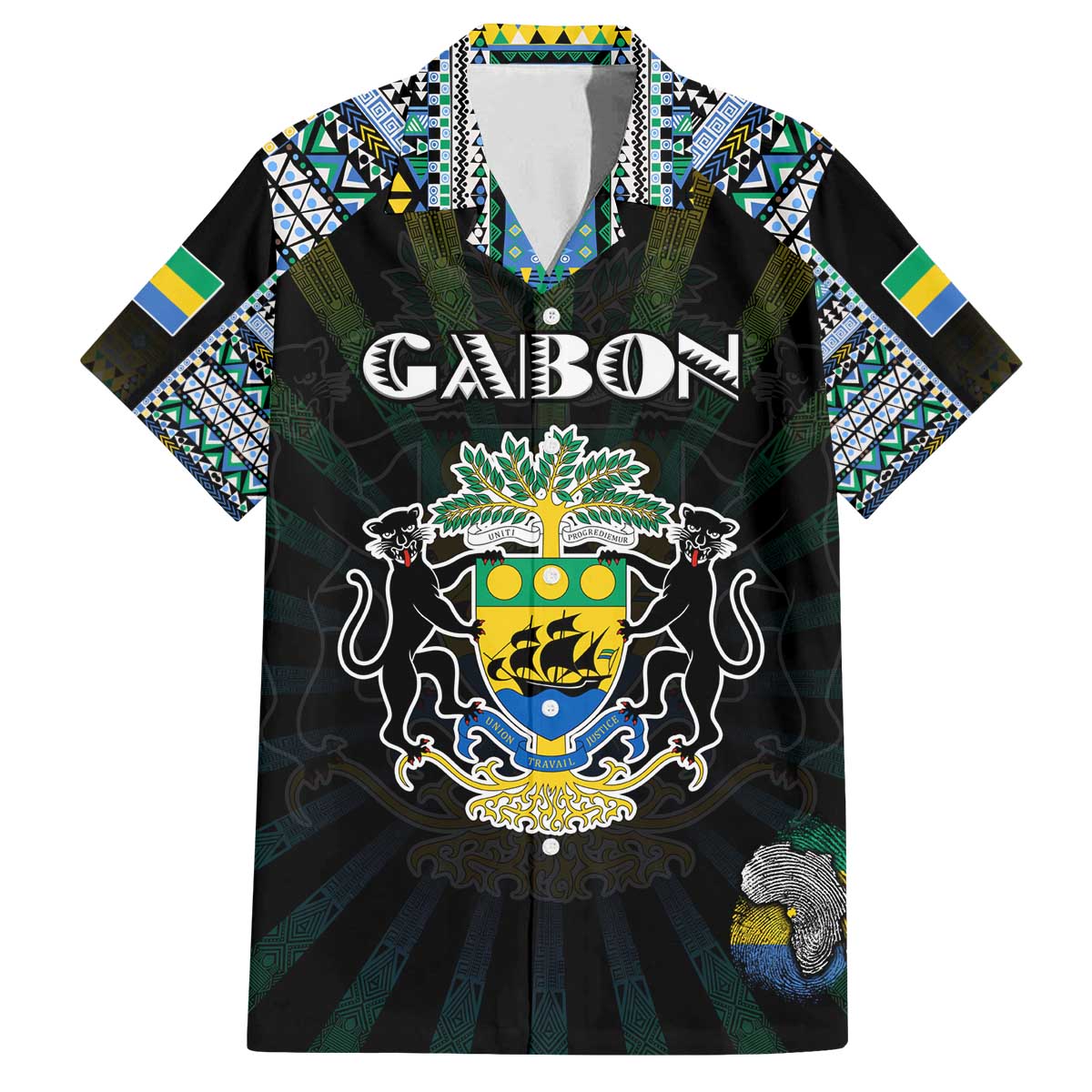 Personalized Gabon Roots Family Matching Off The Shoulder Long Sleeve Dress and Hawaiian Shirt African Map in Fingerprint and Tribal Colors