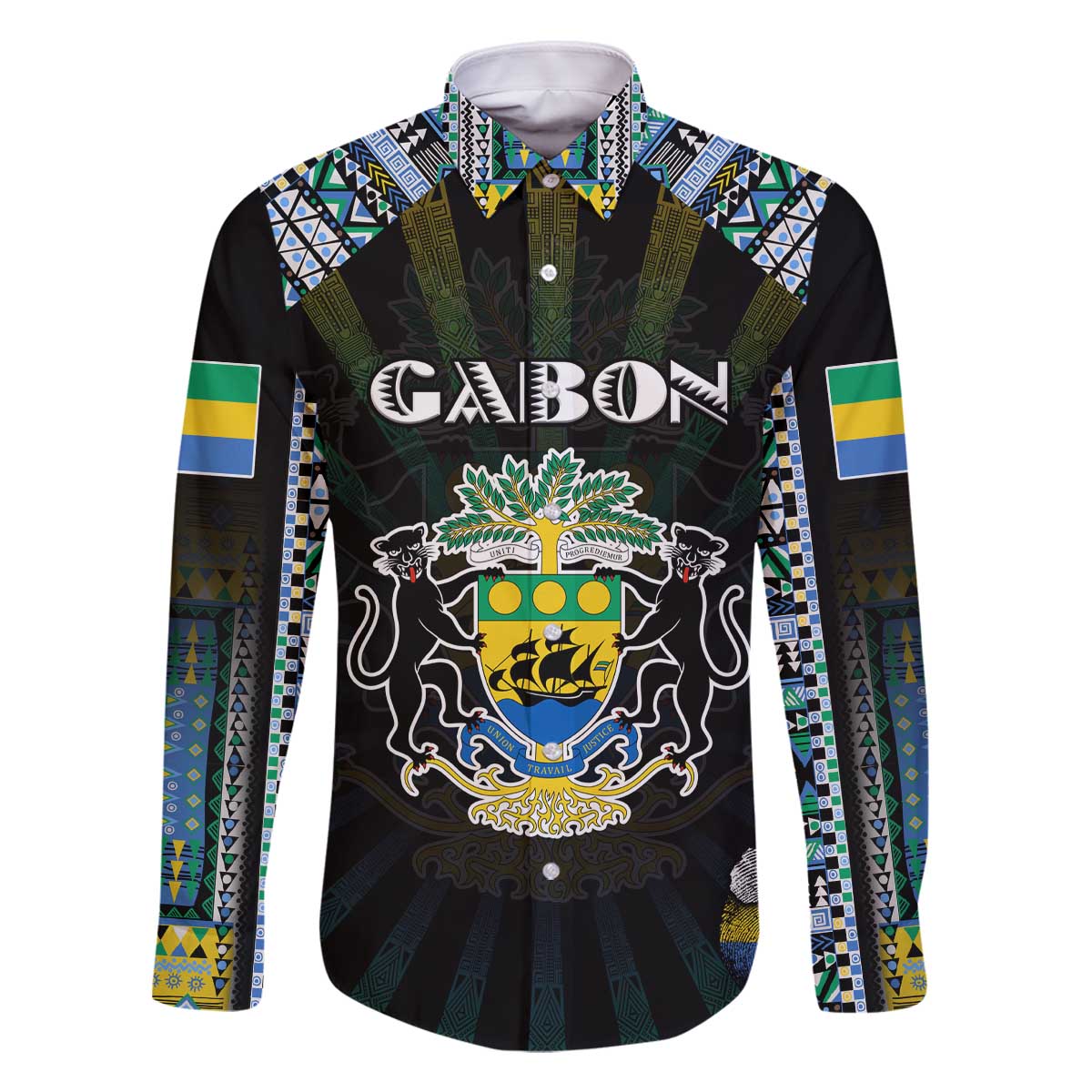 Personalized Gabon Roots Family Matching Off The Shoulder Long Sleeve Dress and Hawaiian Shirt African Map in Fingerprint and Tribal Colors