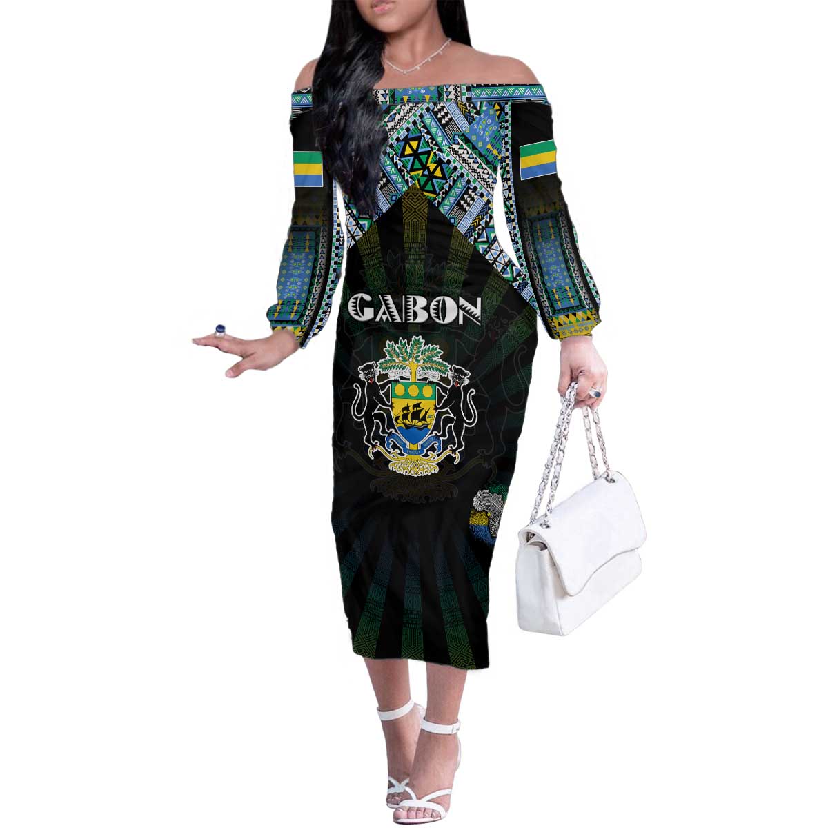 Personalized Gabon Roots Family Matching Off The Shoulder Long Sleeve Dress and Hawaiian Shirt African Map in Fingerprint and Tribal Colors
