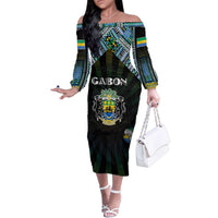 Personalized Gabon Roots Family Matching Off The Shoulder Long Sleeve Dress and Hawaiian Shirt African Map in Fingerprint and Tribal Colors