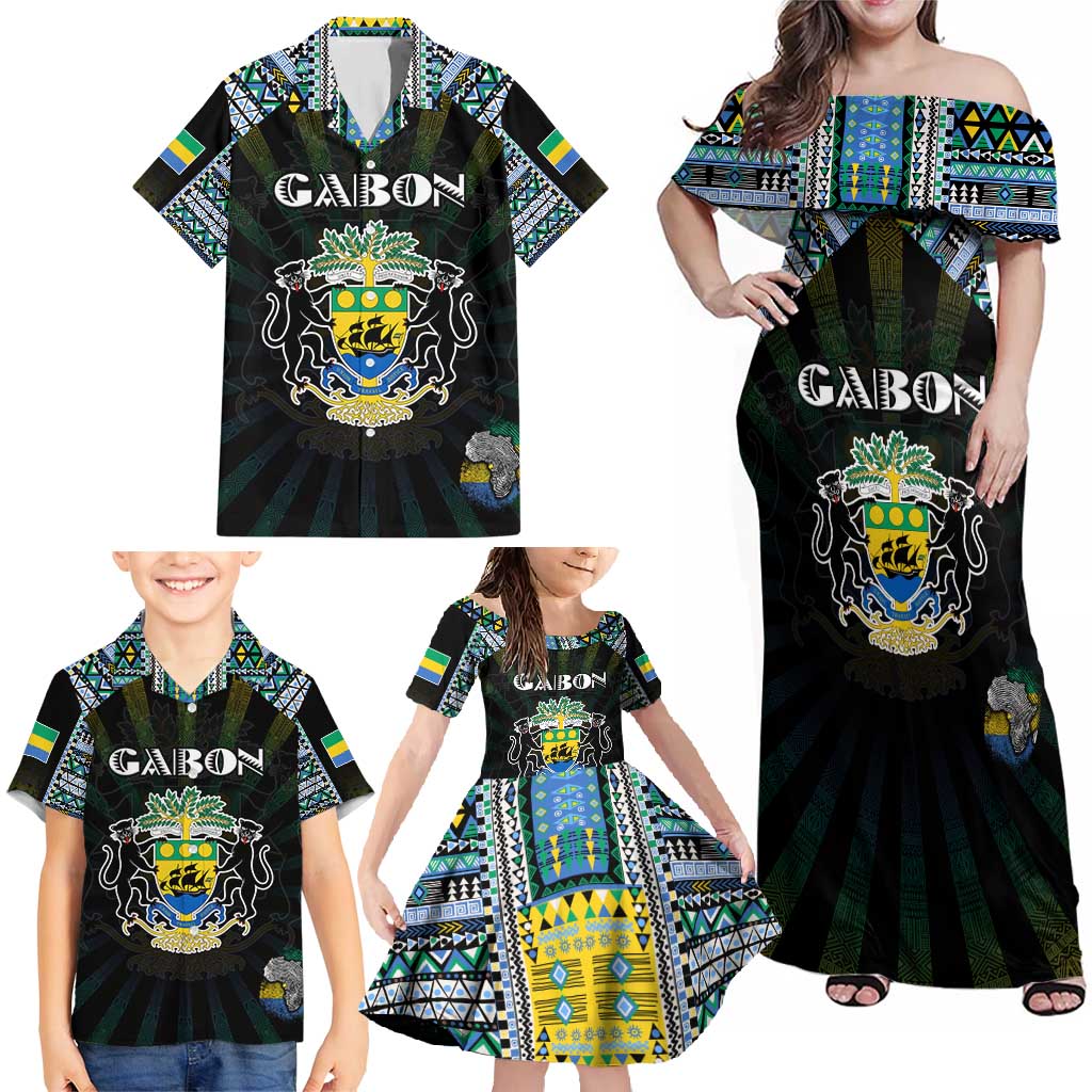 Personalized Gabon Roots Family Matching Off Shoulder Maxi Dress and Hawaiian Shirt African Map in Fingerprint and Tribal Colors