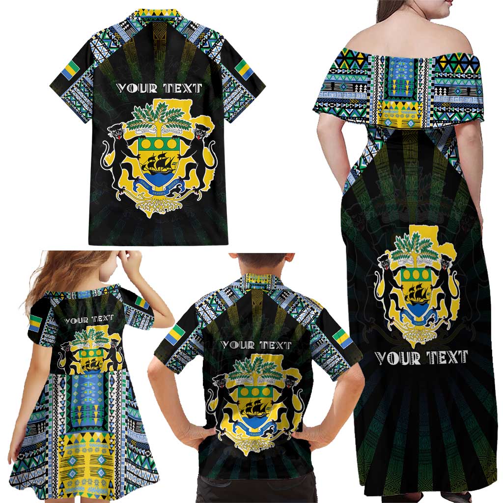 Personalized Gabon Roots Family Matching Off Shoulder Maxi Dress and Hawaiian Shirt African Map in Fingerprint and Tribal Colors