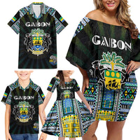 Personalized Gabon Roots Family Matching Off Shoulder Short Dress and Hawaiian Shirt African Map in Fingerprint and Tribal Colors