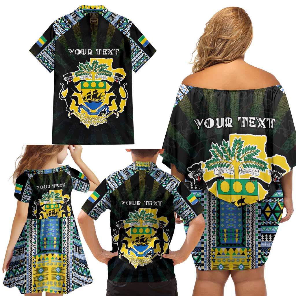 Personalized Gabon Roots Family Matching Off Shoulder Short Dress and Hawaiian Shirt African Map in Fingerprint and Tribal Colors