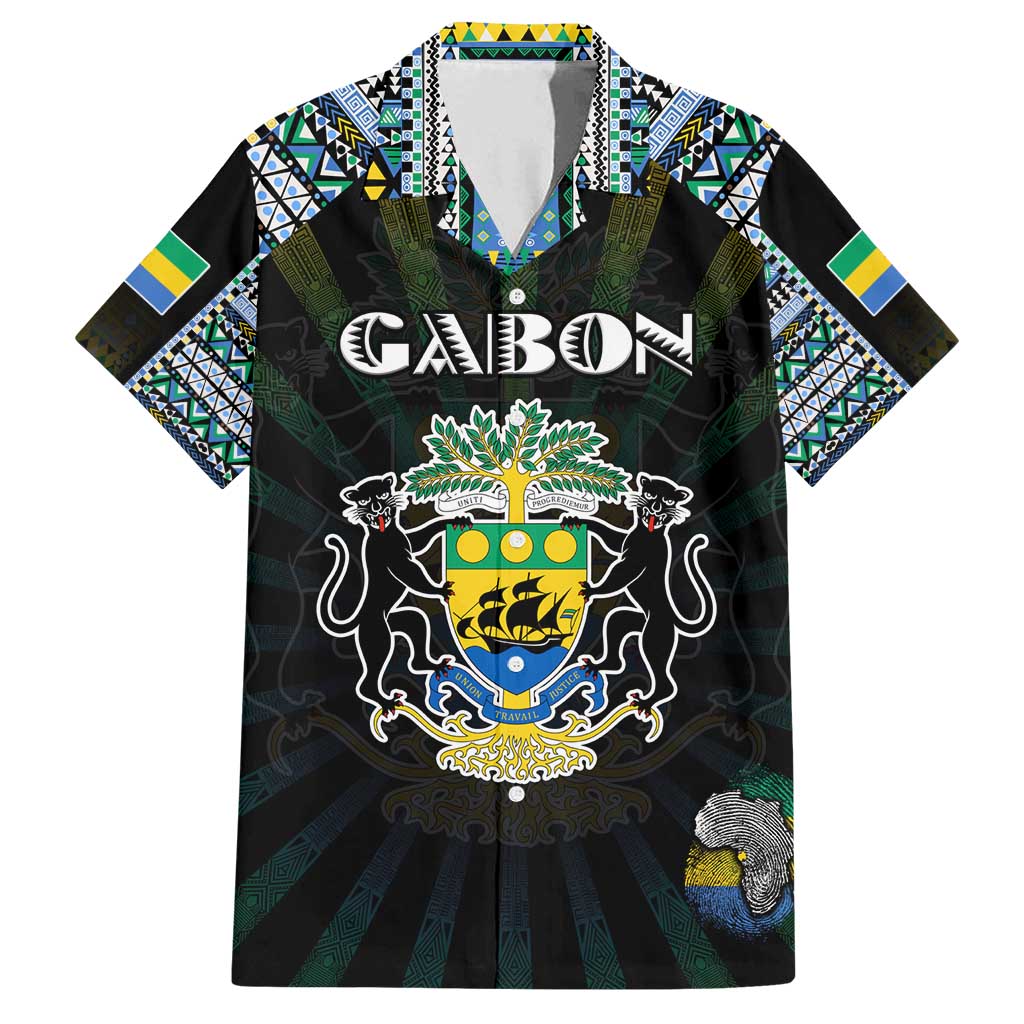 Personalized Gabon Roots Family Matching Off Shoulder Short Dress and Hawaiian Shirt African Map in Fingerprint and Tribal Colors